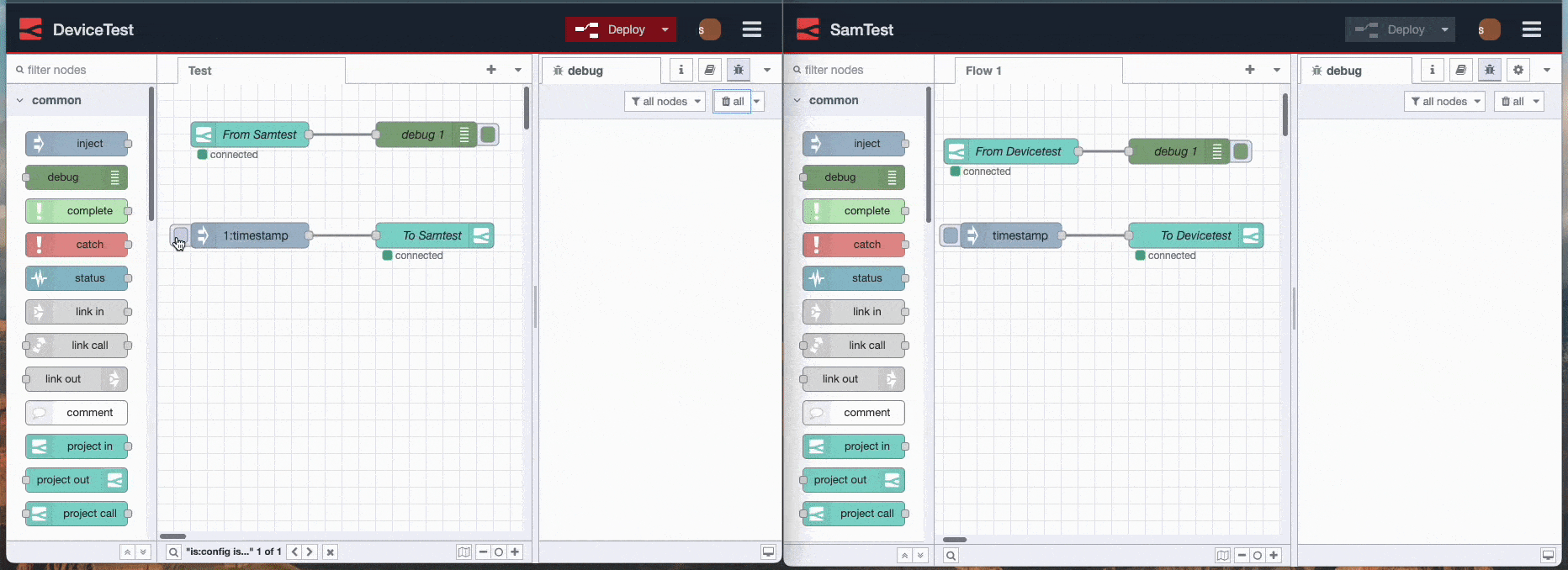 "Screenshot showing the message being sent from one project to another using project link nodes"