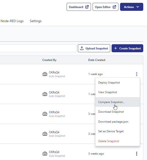 Selecting a snapshot for comparison